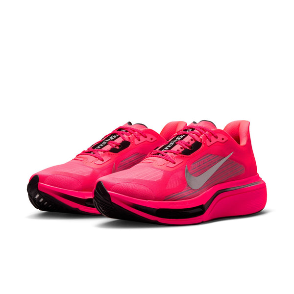 A bright pink Nike running shoe with a black and gray Swoosh logo, shown on a white background.