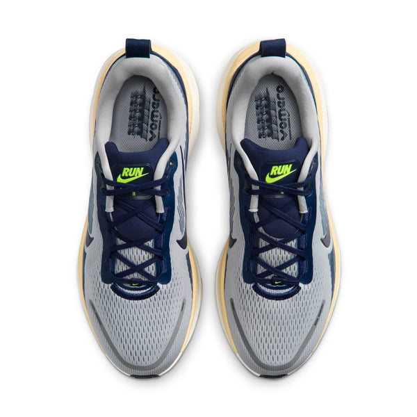 Pair of running shoes with blue and gray design on a white background