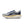 Gray and blue running shoe with a yellow sole on a white background