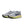 Pair of gray running shoes with a blue swoosh logo on a white background