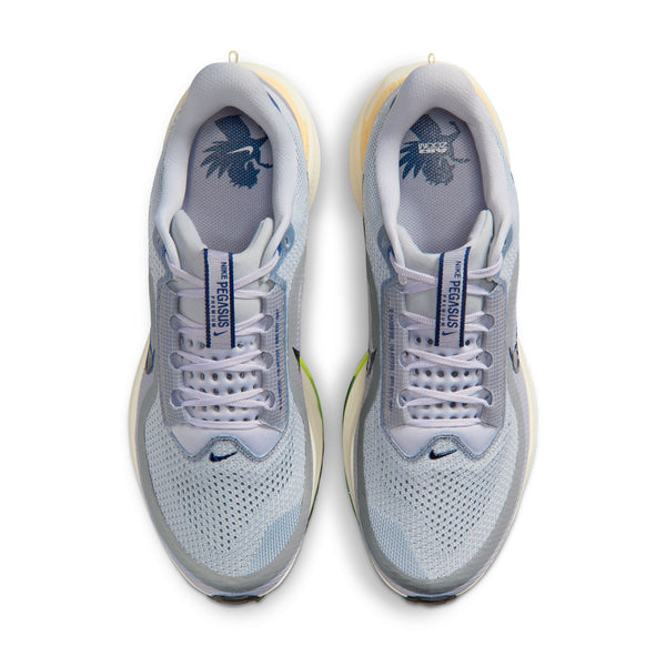 Pair of light gray running shoes with blue accents on a white background