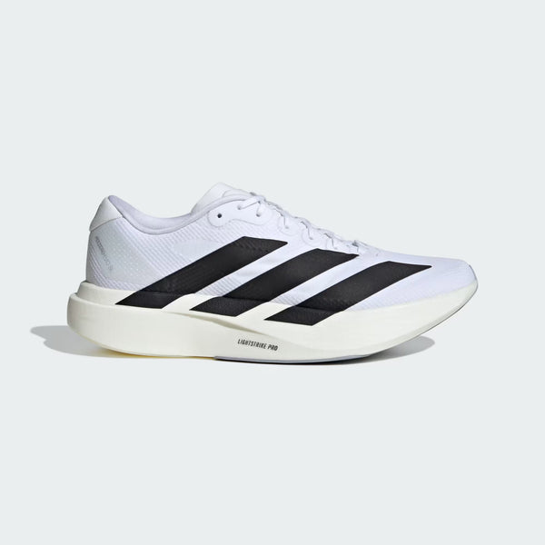 White Adidas running shoe with black stripes on a light gray background
