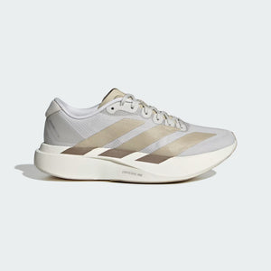 An Adidas running shoe in light gray, beige, and white, shown from a side profile on a light gray background.