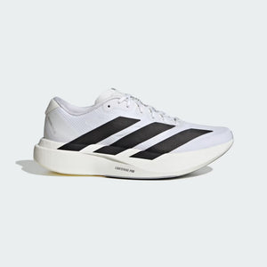 White Adidas running shoe with black stripes on a light gray background