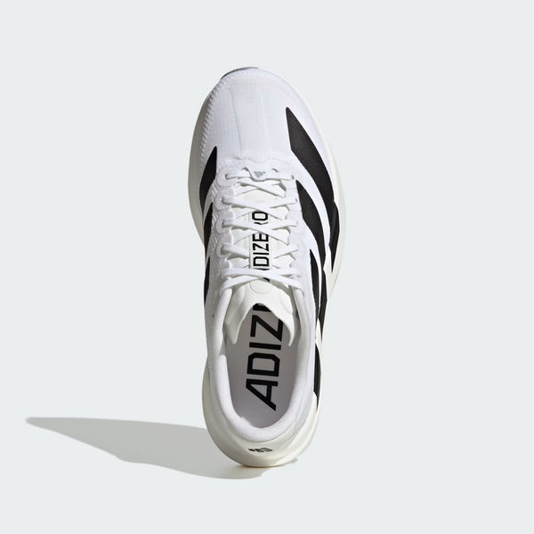 White running shoe with black accents on a light gray background