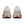 Back view of beige running shoes with red accents on a white background.