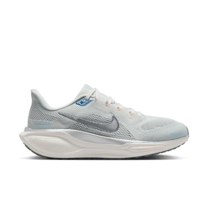 Women's white and grey running shoe with blue accents on a white background.