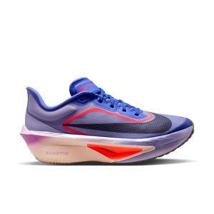 Multicolored running shoe with purple, blue, and red design on a white background