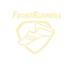 The FrontRunners logo in pale yellow which is a shoe with wings in front of a shield