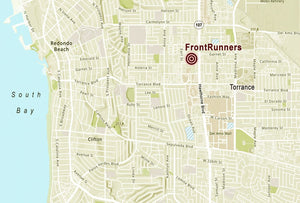 An area map of Redondo Beach and Torrance showing a bullet point labeled FrontRunners indicating the location of the South Bay store.