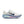 This Nike running shoe has a blue swoosh and a white upper.
