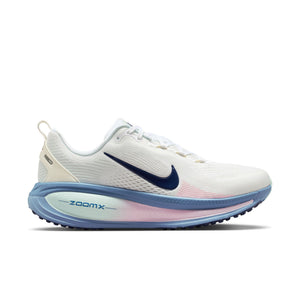 This Nike running shoe has a blue swoosh and a white upper.