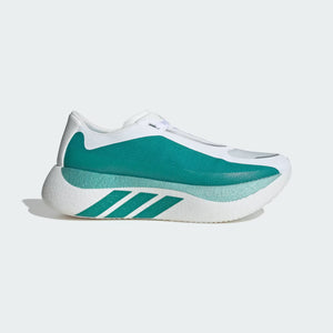 A women's runing shoe in green adn white with 3 stripes near the heel.