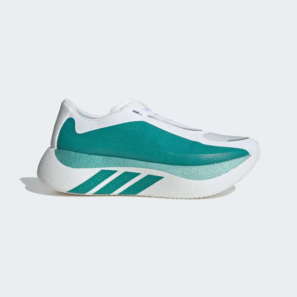 A women's runing shoe in green adn white with 3 stripes near the heel.
