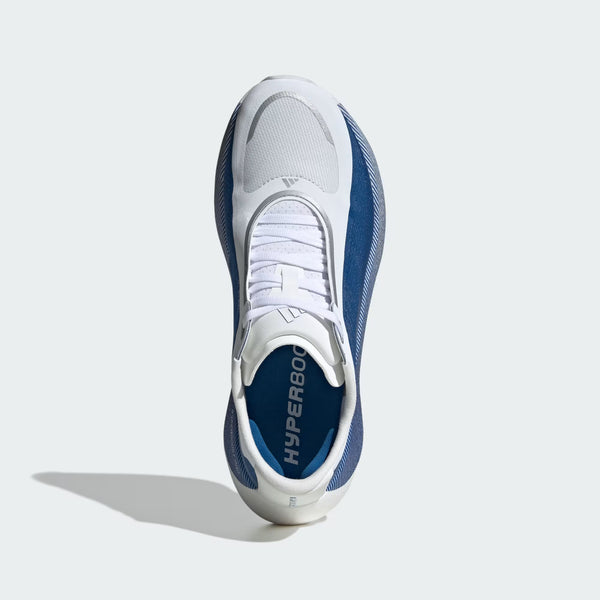 A white and blue running shoe with a sockliner that says Hyperboost.