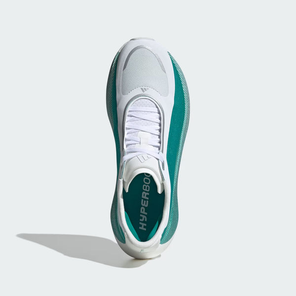 White and teal running shoe with 'HyperBooster' branding on a light gray background