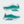 White and teal running shoes with three stripes on a white background