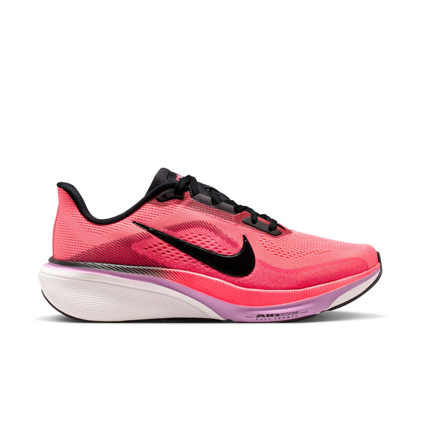 Pink running shoe with black accents on a white background