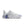 White sneaker with blue swoosh logo on a white background