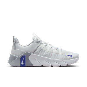 White sneaker with blue swoosh logo on a white background