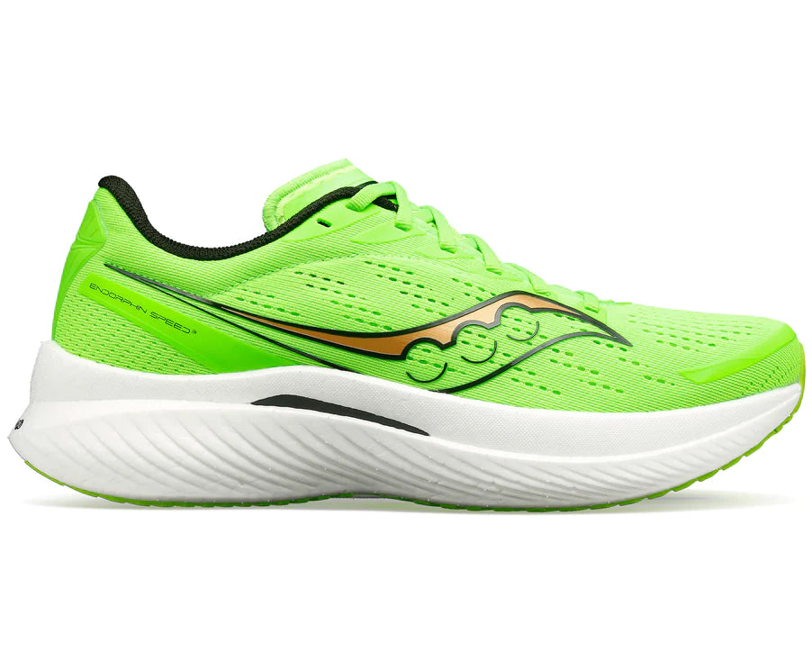 Lateral view of the Men's Endorphin Speed 3 by Saucony in the color Slime/Gold