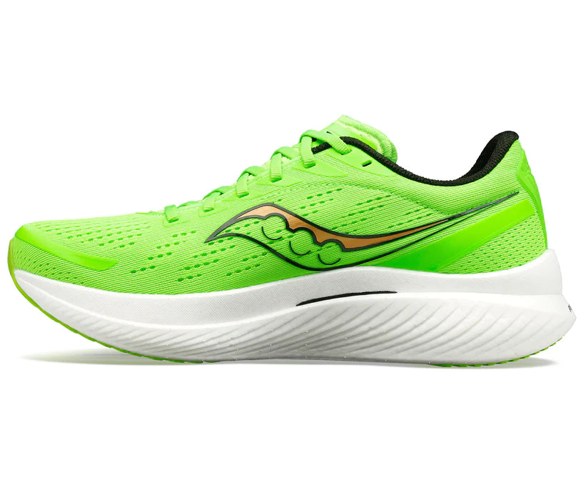 Medial view of the Men's Endorphin Speed 3 by Saucony in the color Slime/Gold