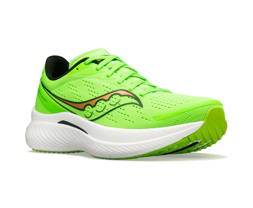 Front angle view of the Men's Endorphin Speed 3 by Saucony in the color Slime/Gold