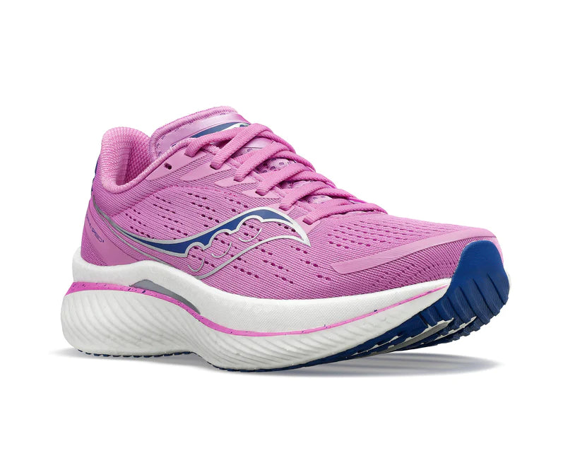 Front angle view of the Women's Endorphin Speed 3 by Saucony in the color Grape/Indigo
