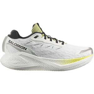 White, lime green, and black running shoe on a white background