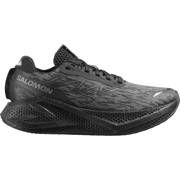 All black running shoe on a white background