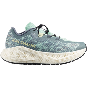 Teal and off-white gravel running shoe on a white background
