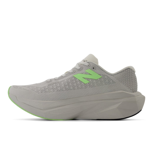 Mostly all grey NB running shoe with a bright green logo.