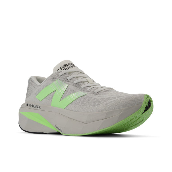 Mostly all grey NB running shoe with a bright green logo.