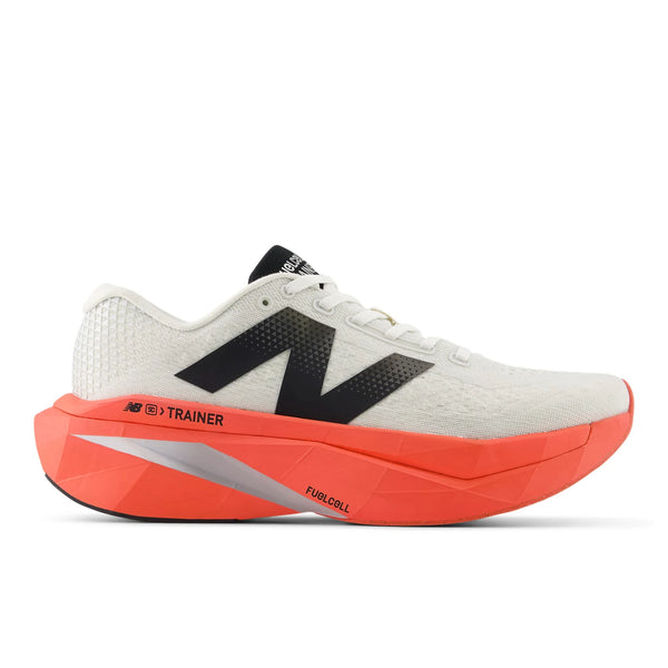 A men's new Balance running shoe witb a white upper and bright red midsole.