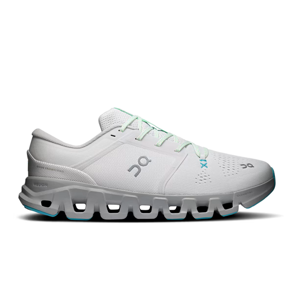 A white On running shoe with light blue accents on the laces, logo, and outsole, shown from a side profile on a white background.