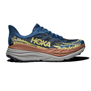 Blue and brown running shoe with 'Hoka' branding on a white background