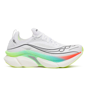 White running shoe with colorful sole on a white background