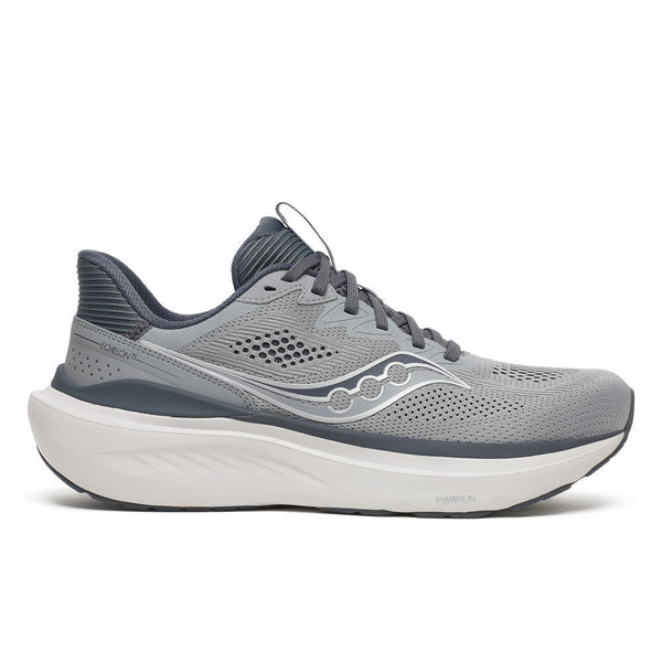 A pair of gray and white running shoes with a textured knit upper, dark gray laces, and a thick white midsole, shown against a plain white background.