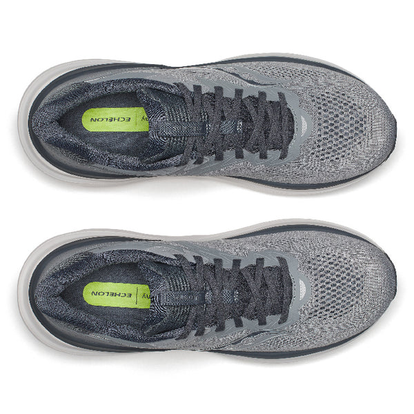 A pair of gray and white running shoes with a textured knit upper, dark gray laces, and a thick white midsole, shown against a plain white background.