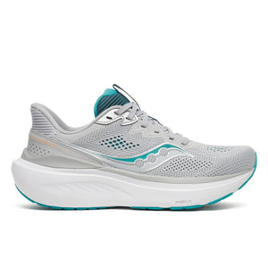 A light gray Saucony running shoe with a thick white midsole and teal accents on the logo, collar lining, and outsole, shown on a white background.