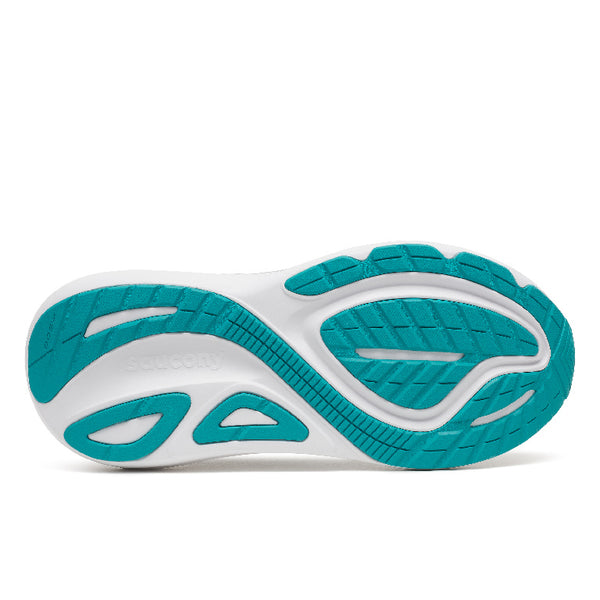 A light gray Saucony running shoe with a thick white midsole and teal accents on the logo, collar lining, and outsole, shown on a white background.
