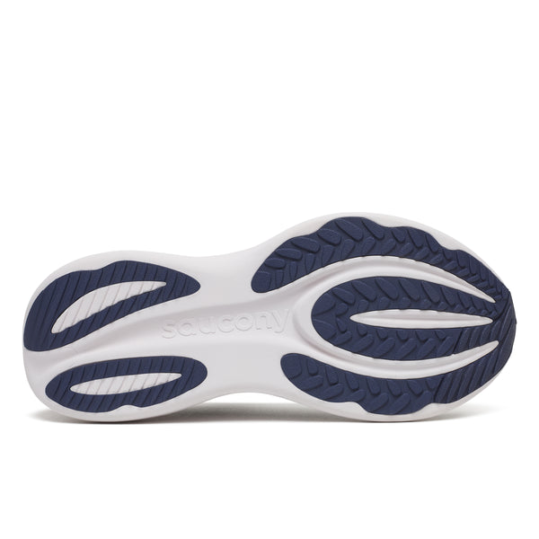 White running shoe with blue sole on a white background