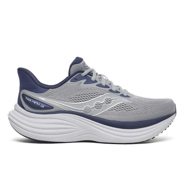 Gray running shoe with white sole on a white background