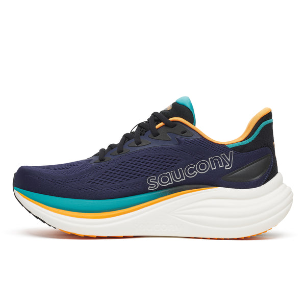 Navy running shoe with orange and teal accents on a white background