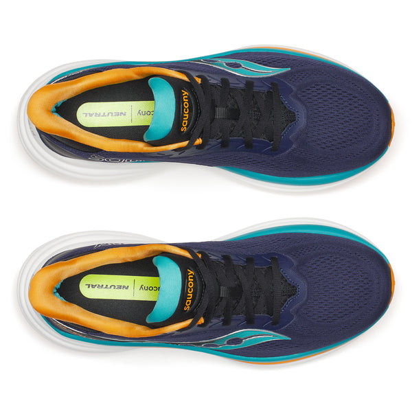 Navy running shoes with orange and teal accents on a white background