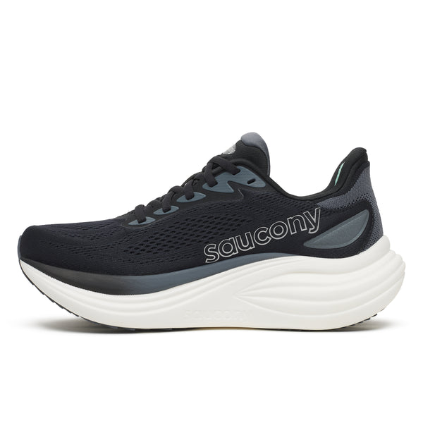 Black and gray running shoe with white sole on a white background
