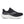 Black and white women's running shoe with white sole on a light gray background