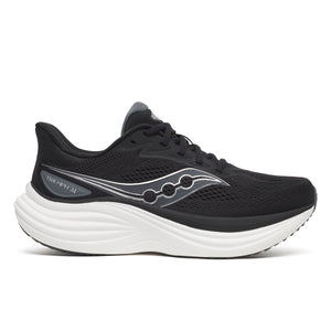 Black and white women's running shoe with white sole on a light gray background