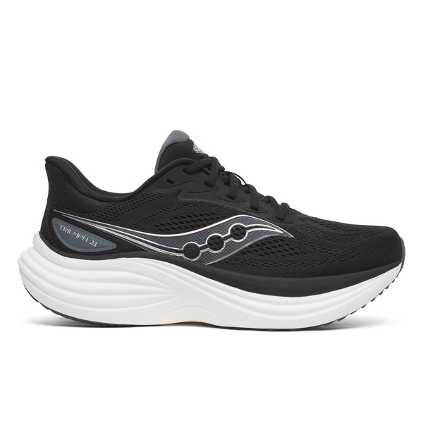 Black and white women's running shoe with white sole on a light gray background