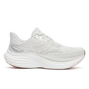 White running shoe with brown sole on a white background